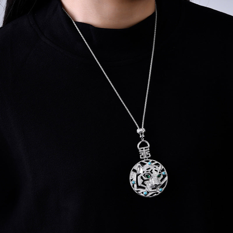 925 Sterling Silver Leopard Black Onyx Pendant Necklace - Statement Design