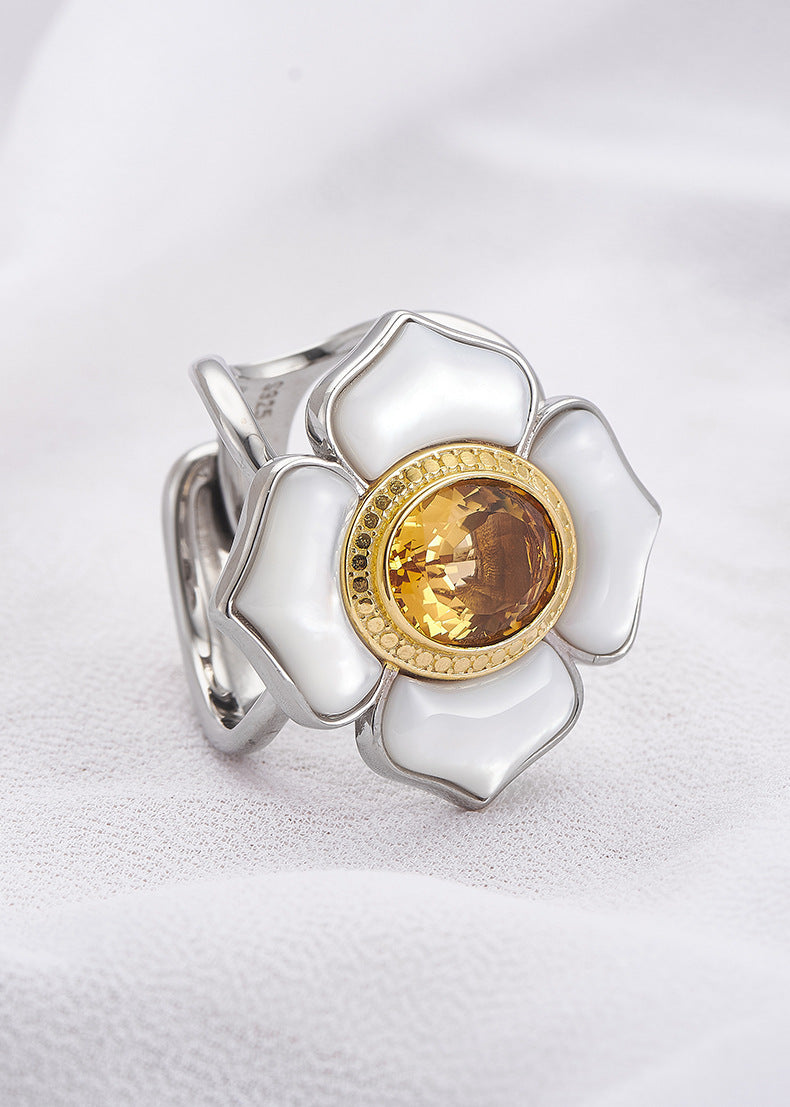 925 Sterling Silver White Shell Camellia Citrine Adjustable Ring