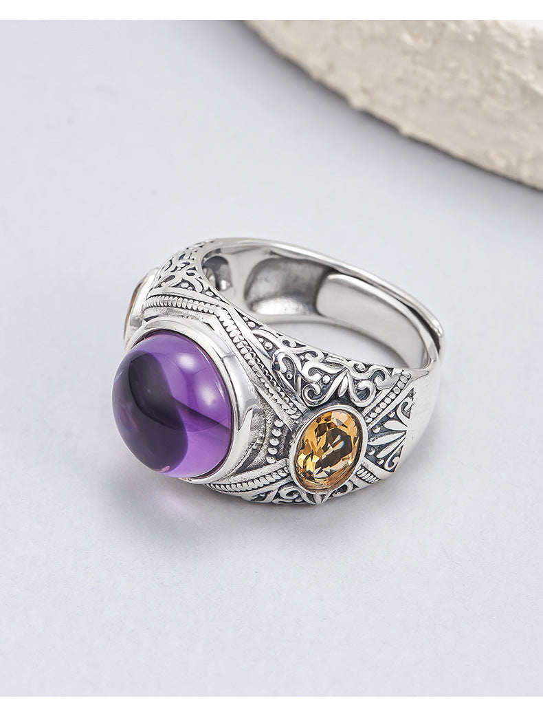 925 Silver Amethyst Adjustable Ring - Floral Vintage Design