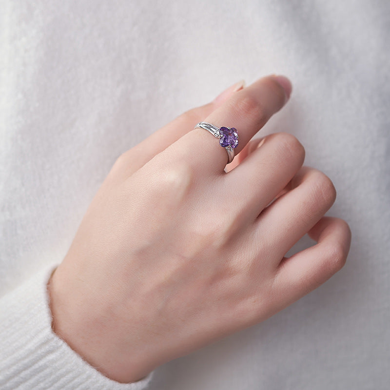 S925 silver natural amethyst ring, high-end exquisite and versatile open index finger ring women's jewelry gift
