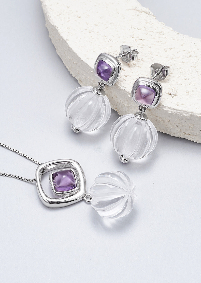 S925 silver rhombus hollow amethyst stud earrings pumpkin beads white crystal earrings simple niche design geometric set