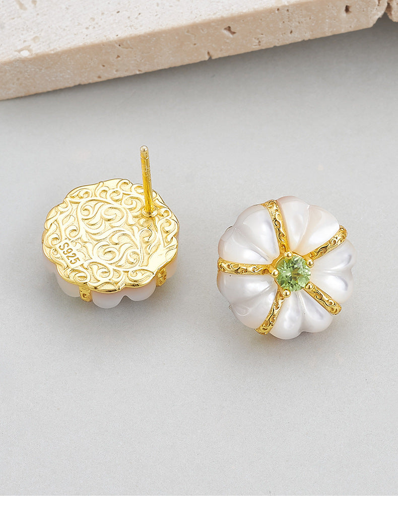 925 Sterling Silver White Shell Peridot Flower Stud Earrings - French Vintage
