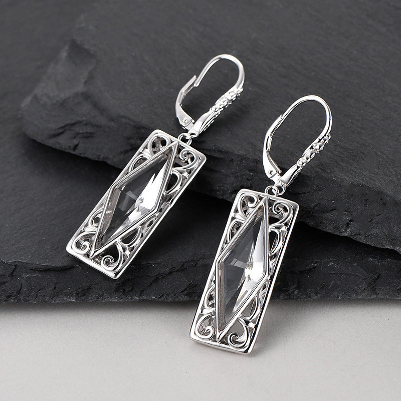 925 Sterling Silver Diamond-Shaped White Crystal Earrings - Court Style