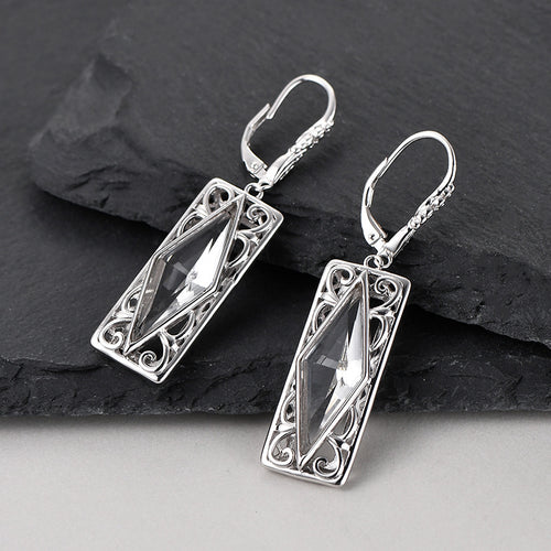 925 Sterling Silver Diamond-Shaped White Crystal Earrings - Court Style