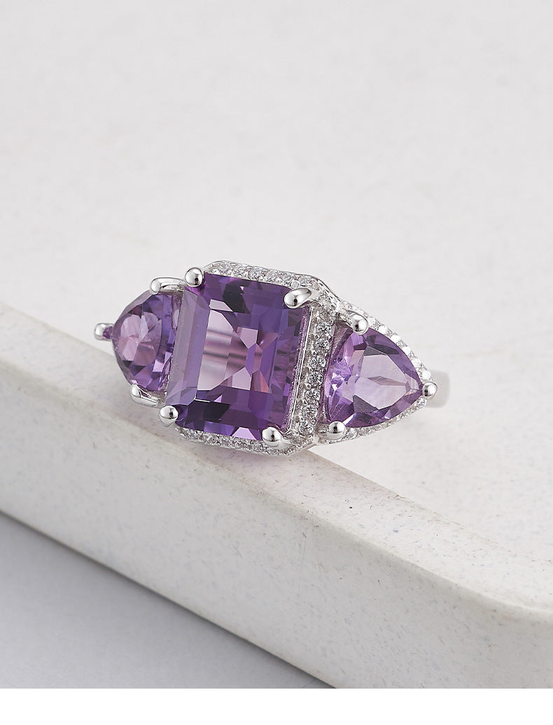 Light luxury niche design geometric ring s925 silver amethyst square fashion temperament versatile open index finger ring