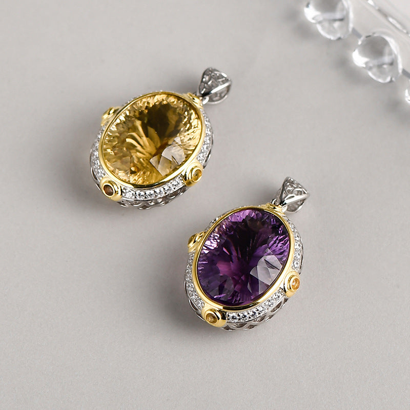 Oval Natural Amethyst Pendant - 925 Silver Niche Design - Fashionable Collarbone Chain