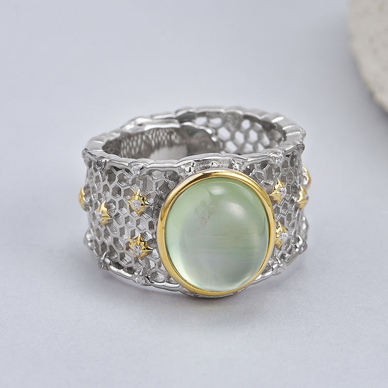 Hollow Lace Grape Stone Ring - 925 Silver Wide Band - Retro Geometric Design