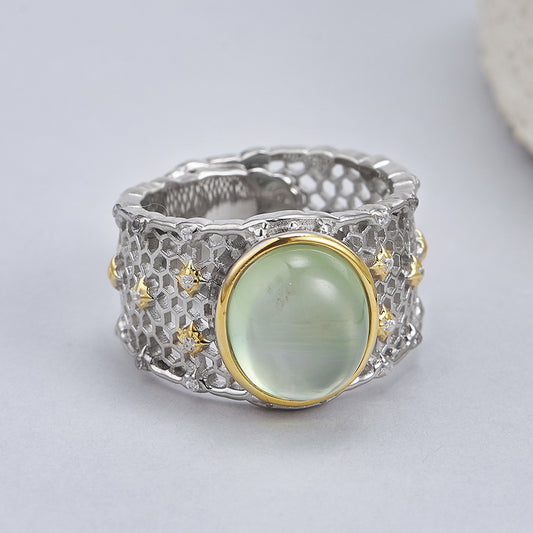 Hollow Lace Grape Stone Ring - 925 Silver Wide Band - Retro Geometric Design