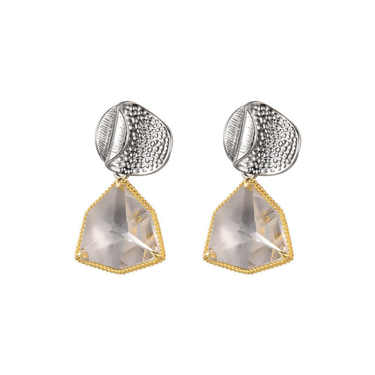 925 Sterling Silver Geometric Crystal Stud Earrings - French Gold Edge Design