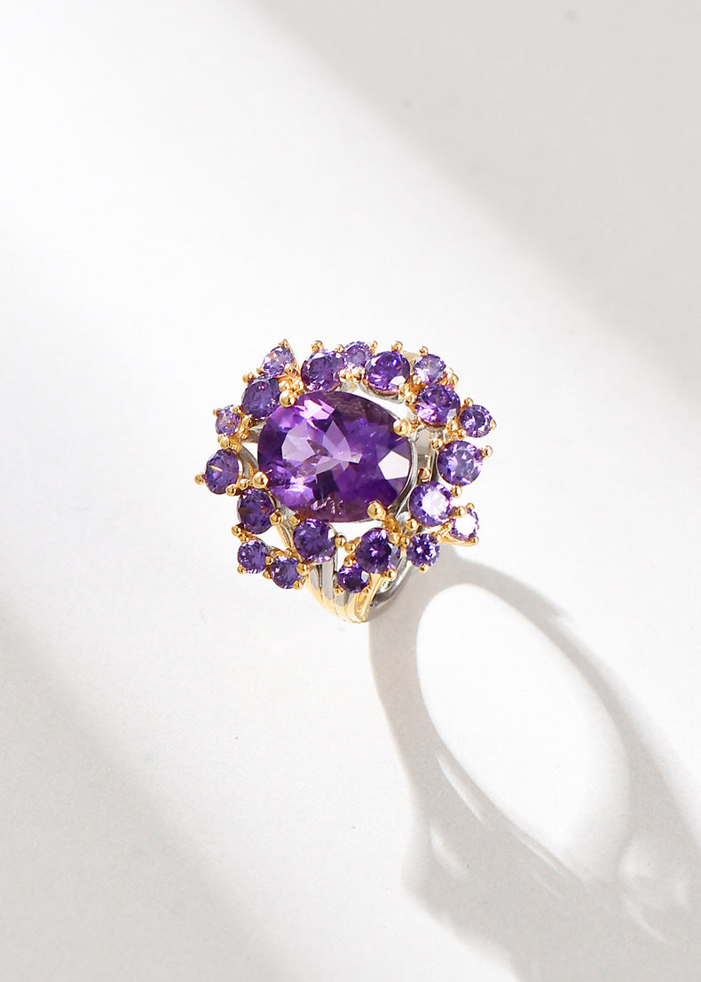 Secret Garden Amethyst Flower Ring - 925 Silver Full Diamond - Light Luxury Opening Ring