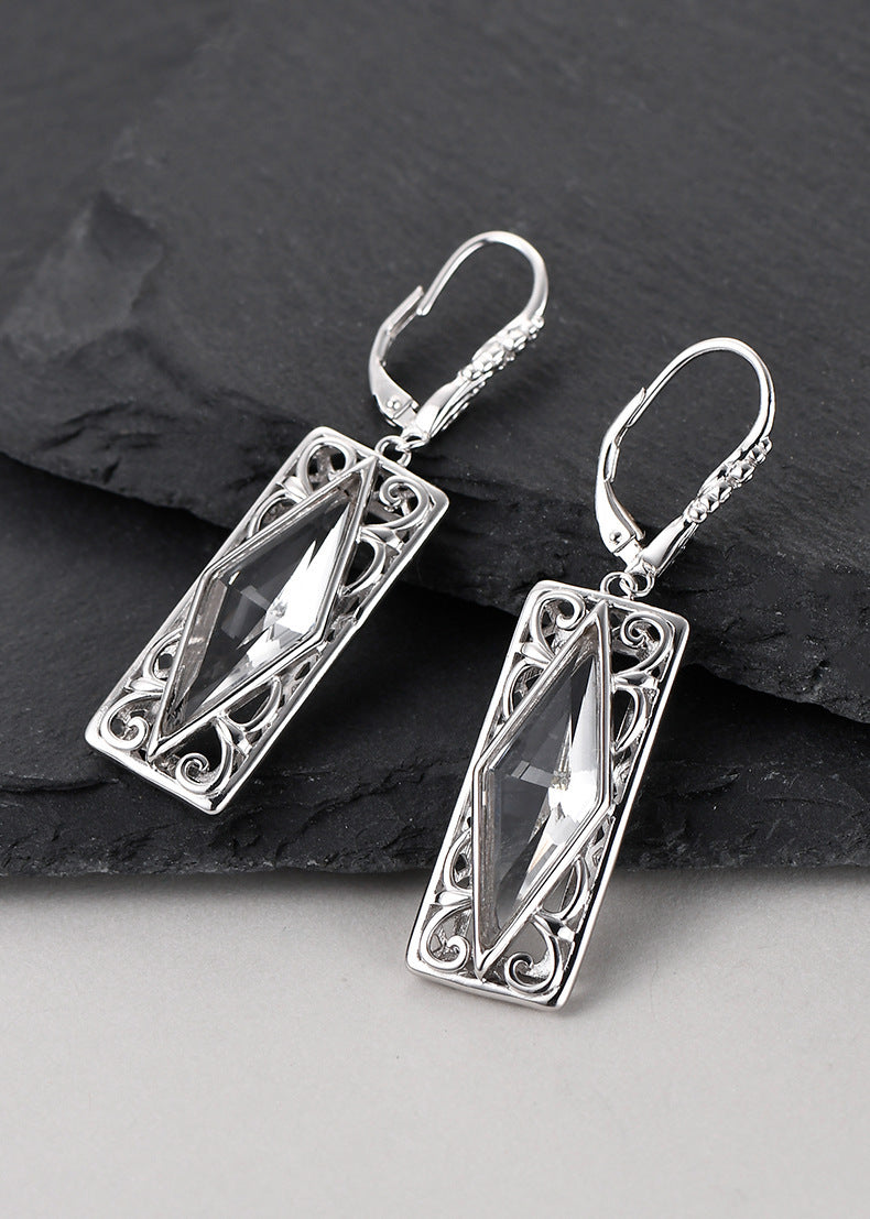 925 Sterling Silver Diamond-Shaped White Crystal Earrings - Court Style
