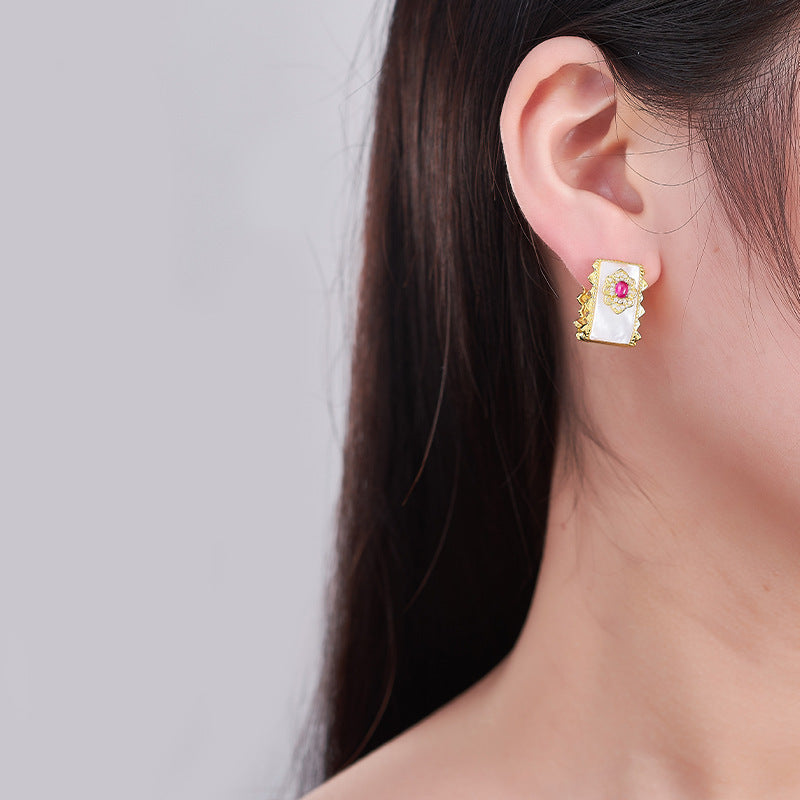 Retro light luxury red corundum ear buckle s925 silver hollow white shell wide-faced earrings temperament exquisite medieval earrings women