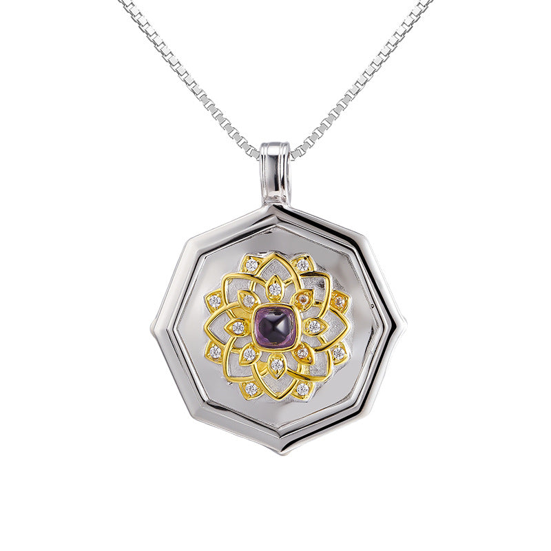 Amethyst Portrait Pendant | 925 Sterling Silver | Retro Relief Necklace