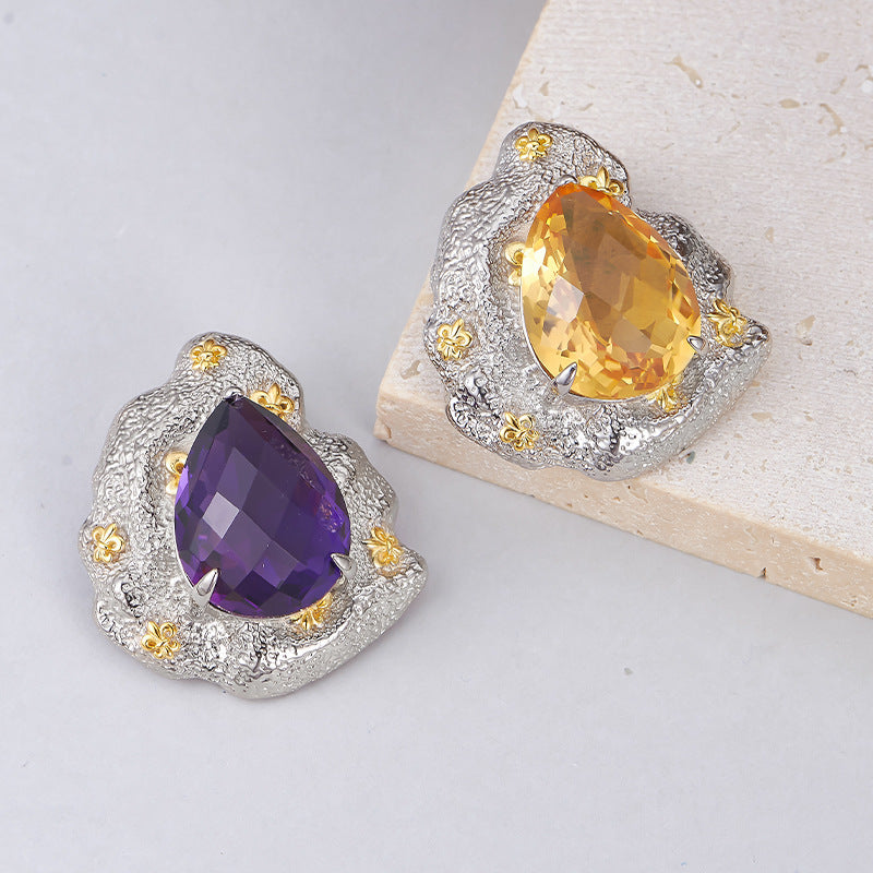 925 Sterling Silver Amethyst Flower Stud Earrings - Vintage Court Style