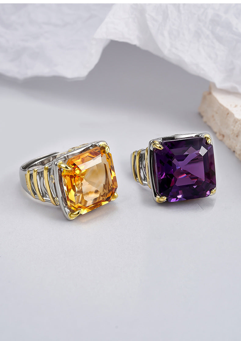 Square Citrine Ring - 925 Silver Italian Contrasting Color - Geometric Opening Ring