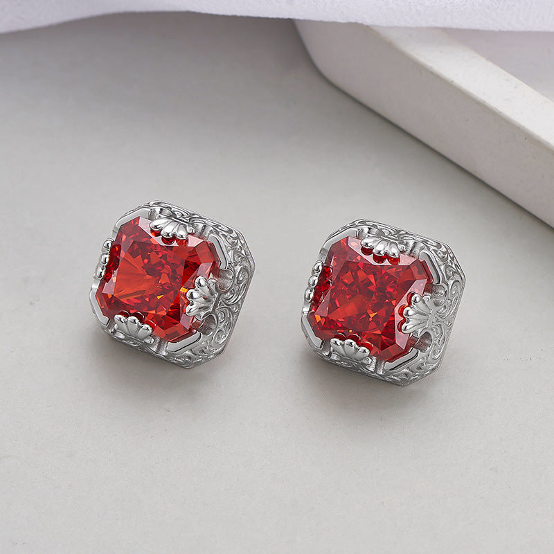 925 Sterling Silver French Vintage Aquamarine Square Stud Earrings