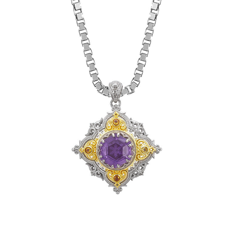 Rhombus Amethyst Pendant - 925 Silver Italian Retro Hollow Pattern - Court Style Necklace