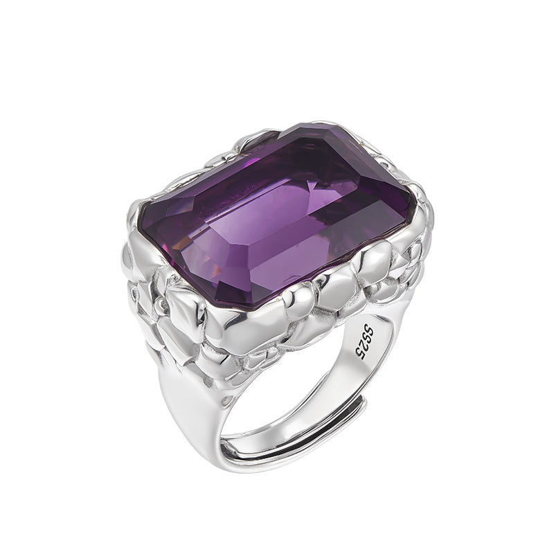 Bold Amethyst Statement Ring | 925 Sterling Silver | Textured Square Cocktail Ring