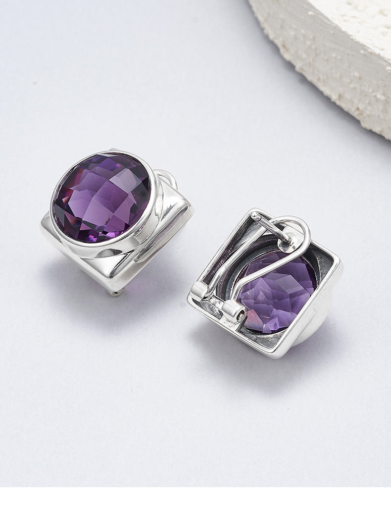 925 Sterling Silver Faceted Amethyst Geometric Hoop Earrings Set