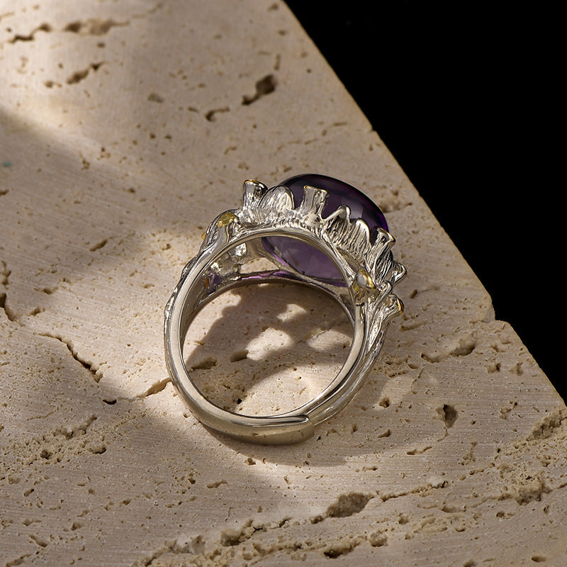 925 Sterling Silver Italian Hollow Amethyst Cabochon Adjustable Ring - Court Style
