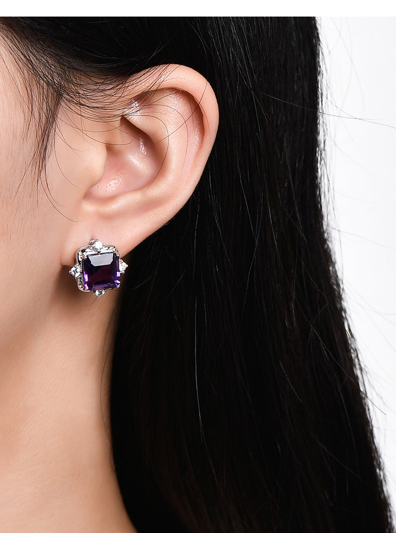 Square Amethyst Stud Earrings - 925 Sterling Silver Minimalist Cube Design