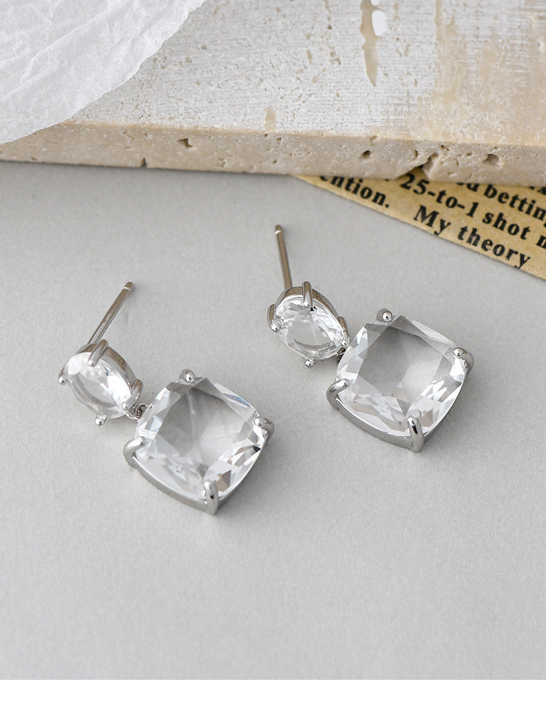 925 Sterling Silver Square Crystal Stud Earrings - Minimalist Design