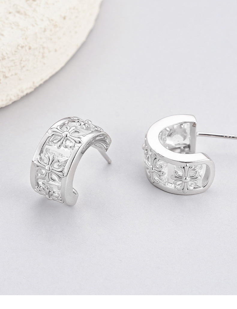 925 Sterling Silver Cross Pattern C-Shape Crystal Stud Earrings