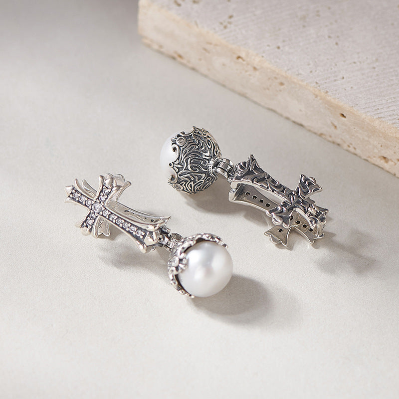 Vintage Inspired Pearl Cross Earrings - Sterling Silver Arabesque Detail - Unisex Clip-On Elegance