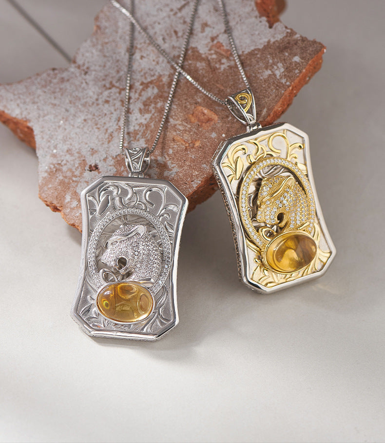 925 Sterling Silver Leopard Head Citrine Square Pendant Necklace - Vintage Design