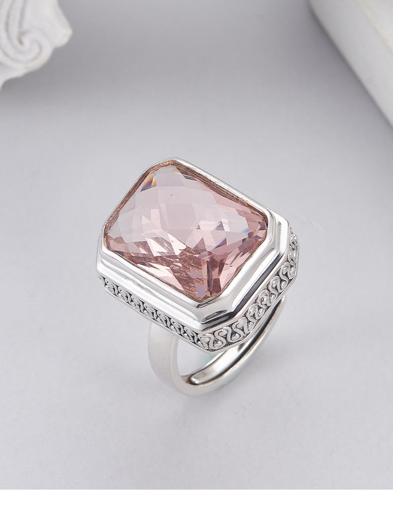 S925 Sterling Silver Morganite Square earrings rings Pendant Necklace Set