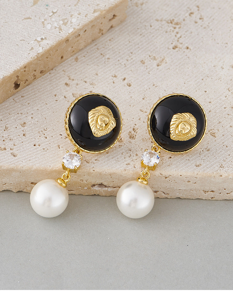 925 Sterling Silver Lion Head Black Onyx Dangle Earrings - French Vintage