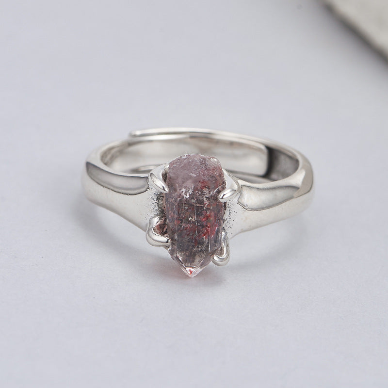 Irregular Super Seven Crystal Ring - 925 Silver Rough Stone - Adjustable Niche Design