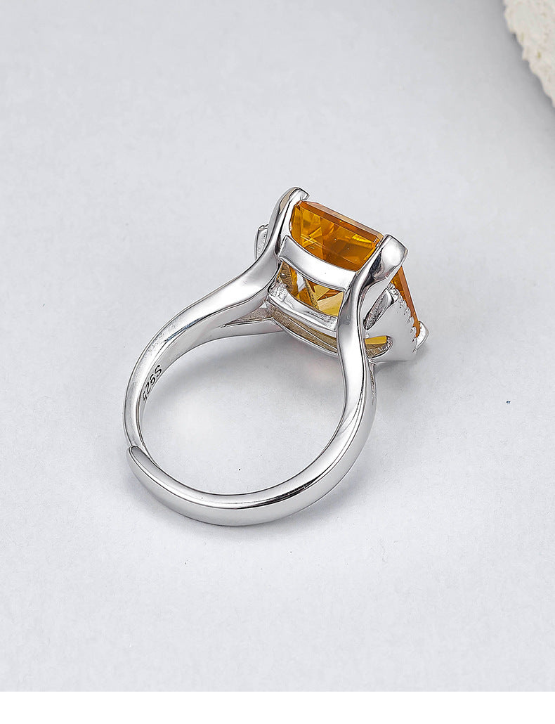 S925 Silver Delicate Fashion Cut Citrine Geometric Open Ring Simple Versatile Temperament Square Index Finger Ring Women