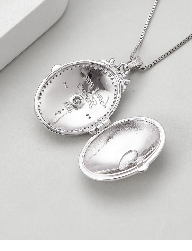 S925 silver pattern oval photo box heart-shaped couple necklace niche texture pendant can be opened for photos