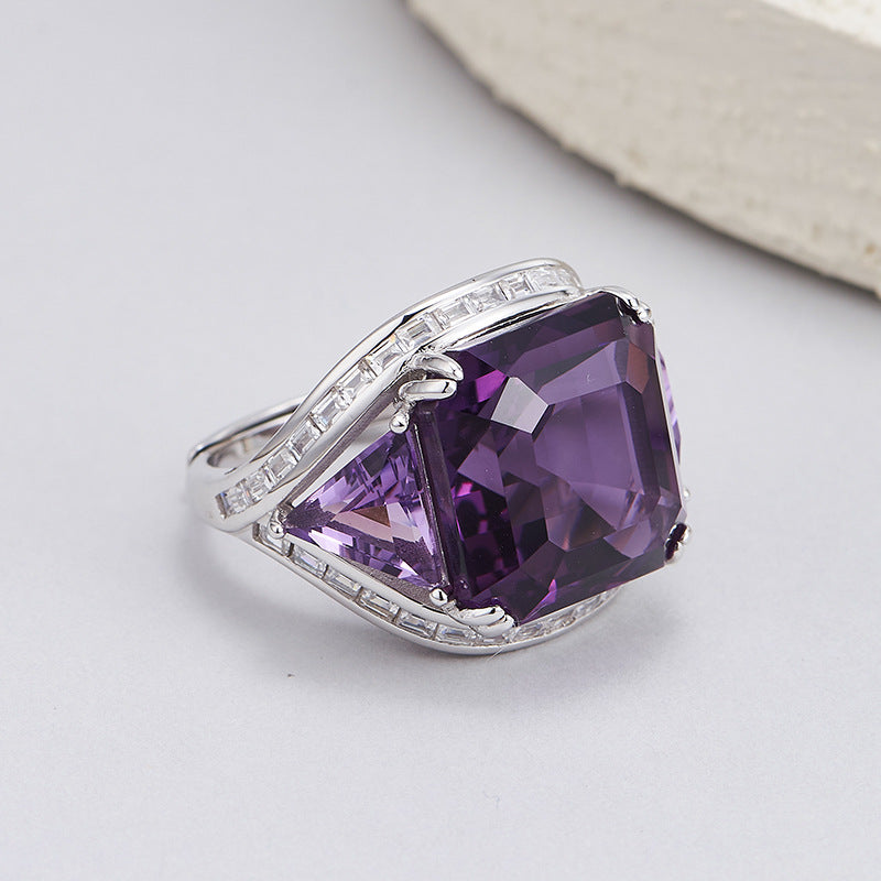 Natural Amethyst Geometric Ring - 925 Silver Flash Diamond - Statement Index Finger Ring