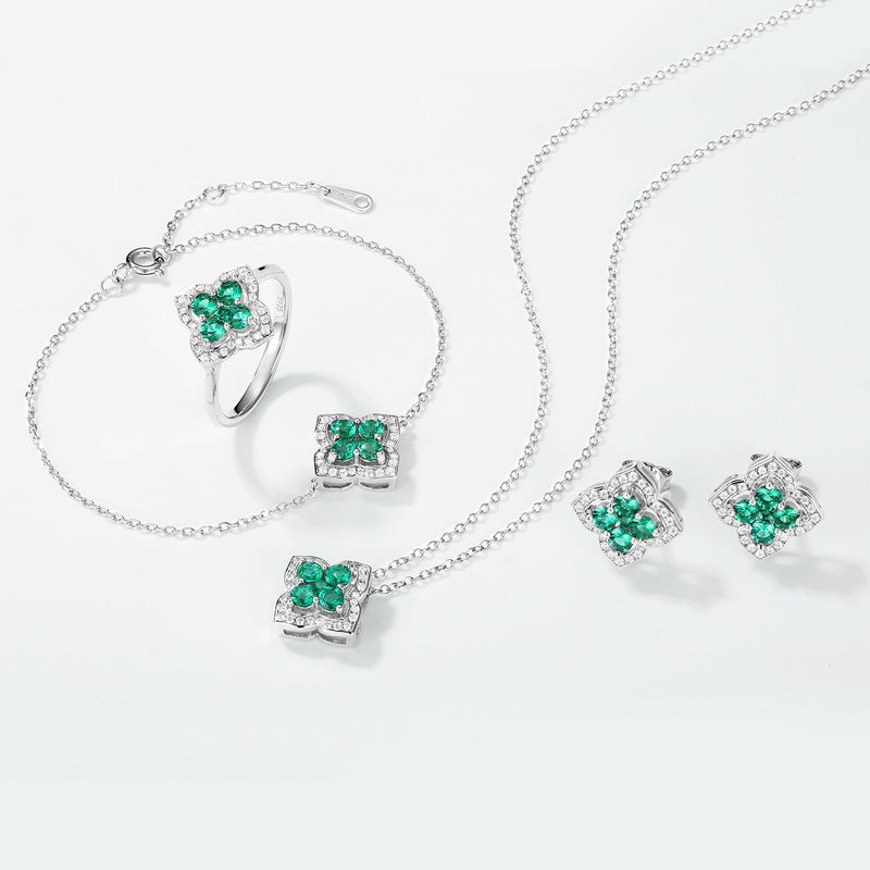 Four-Leaf Clover Cultivation Emerald Earrings - 925 Silver Gold-Plated - Vintage Court