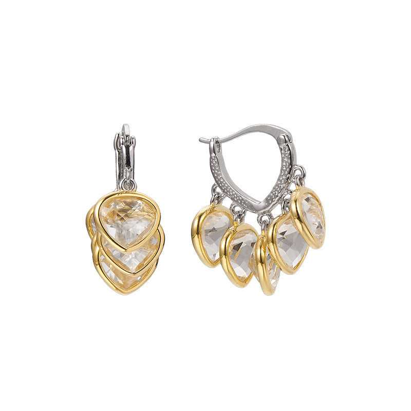 925 Sterling Silver White Crystal Cluster Dangle Earrings - French Design