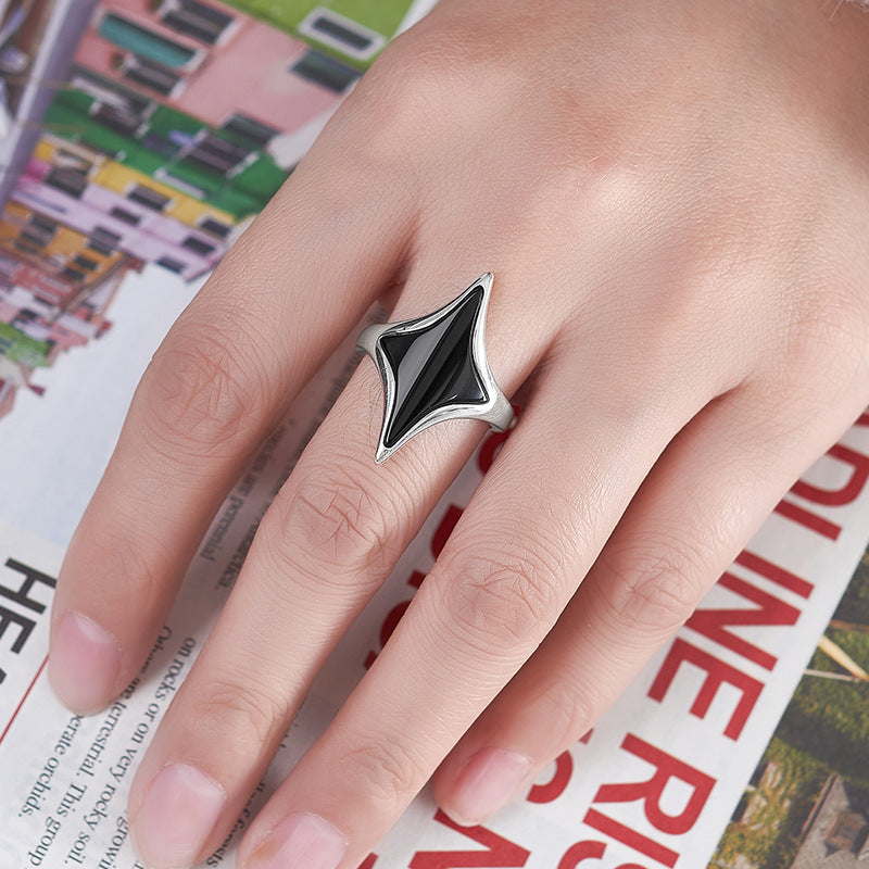 Rhombus Black Agate Ring - 925 Silver Cold Sweet Cool - Geometric Opening Couple Ring