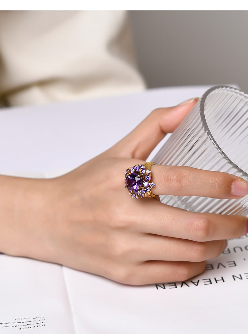Secret Garden Amethyst Flower Ring - 925 Silver Full Diamond - Light Luxury Opening Ring