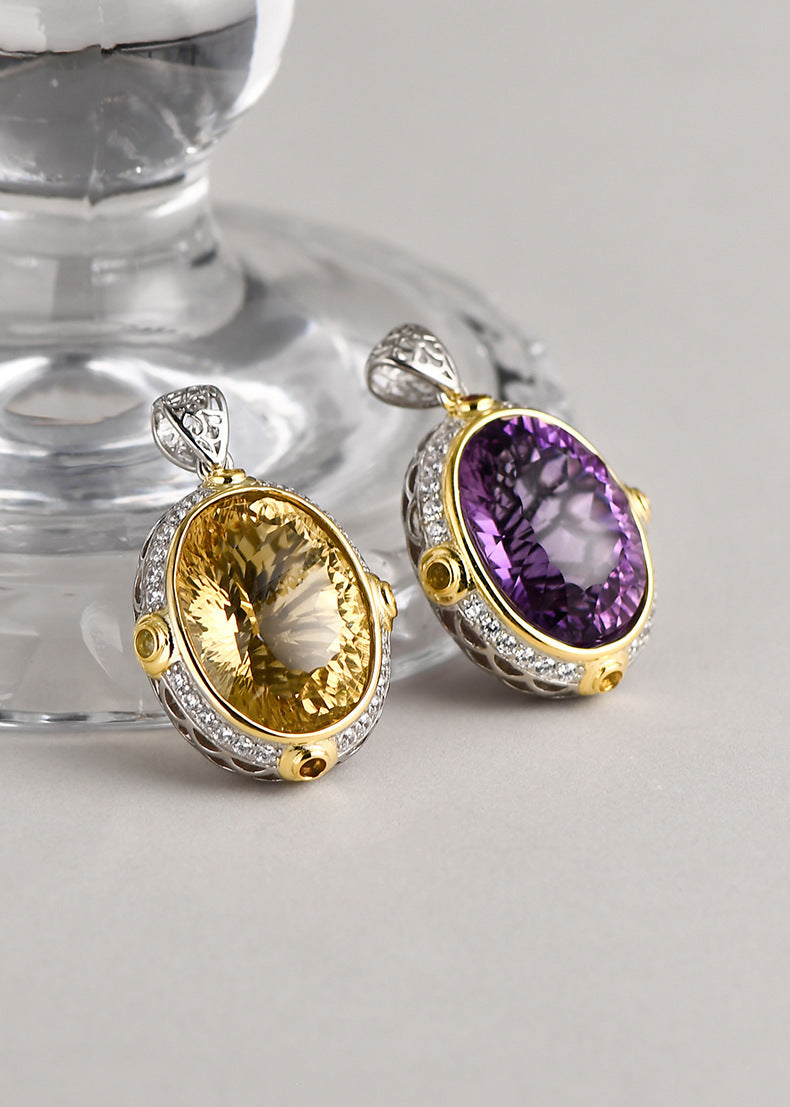 Oval Natural Amethyst Pendant - 925 Silver Niche Design - Fashionable Collarbone Chain