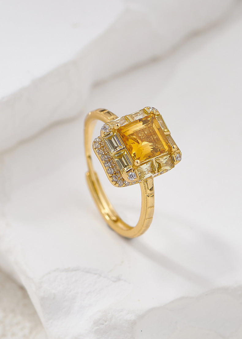 Square Citrine Ring - 925 Silver Super Flash - Niche Design Opening Index Finger Ring