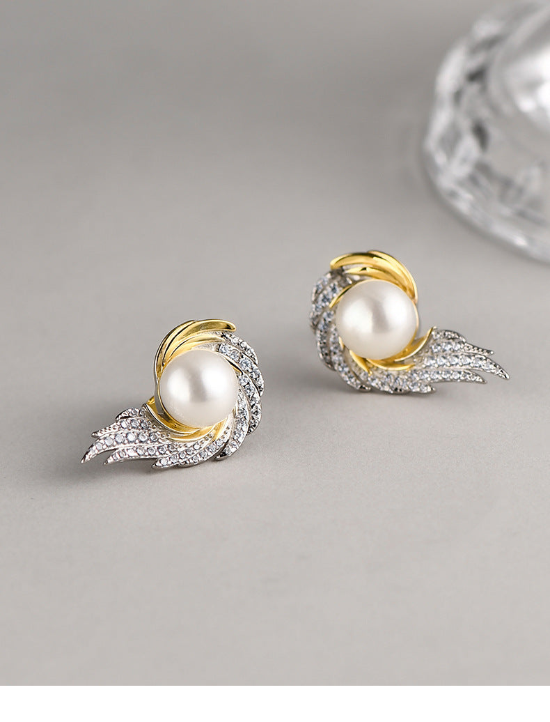 925 Sterling Silver Angel Wing Pearl Stud Earrings - French Vintage Design