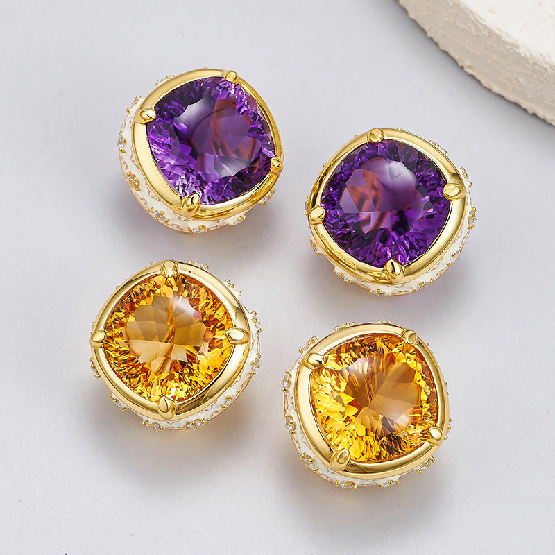 Luxury Enamel Citrine Earrings | 925 Sterling Silver | Medieval Geometric Statement Earrings