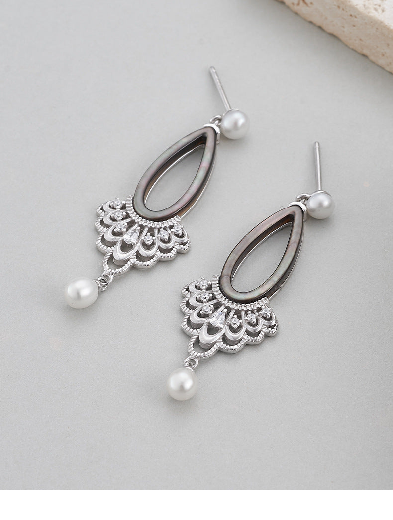 Teardrop Pearl Earrings - 925 Sterling Silver Openwork Long Drop with Black Shell