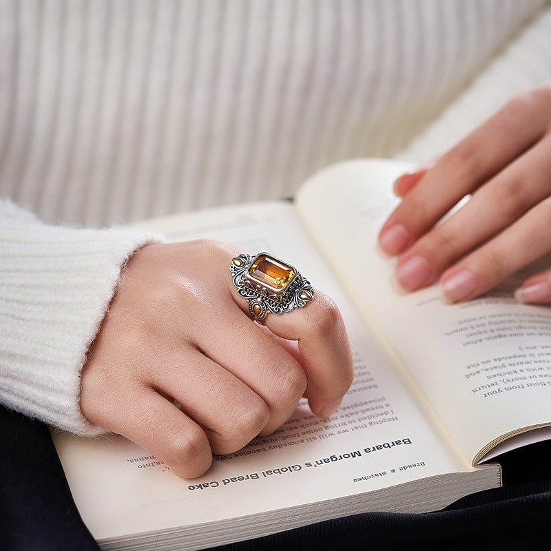 Retro Rhombus Citrine Ring - 925 Silver Copper Inlaid - Nepalese Niche Design
