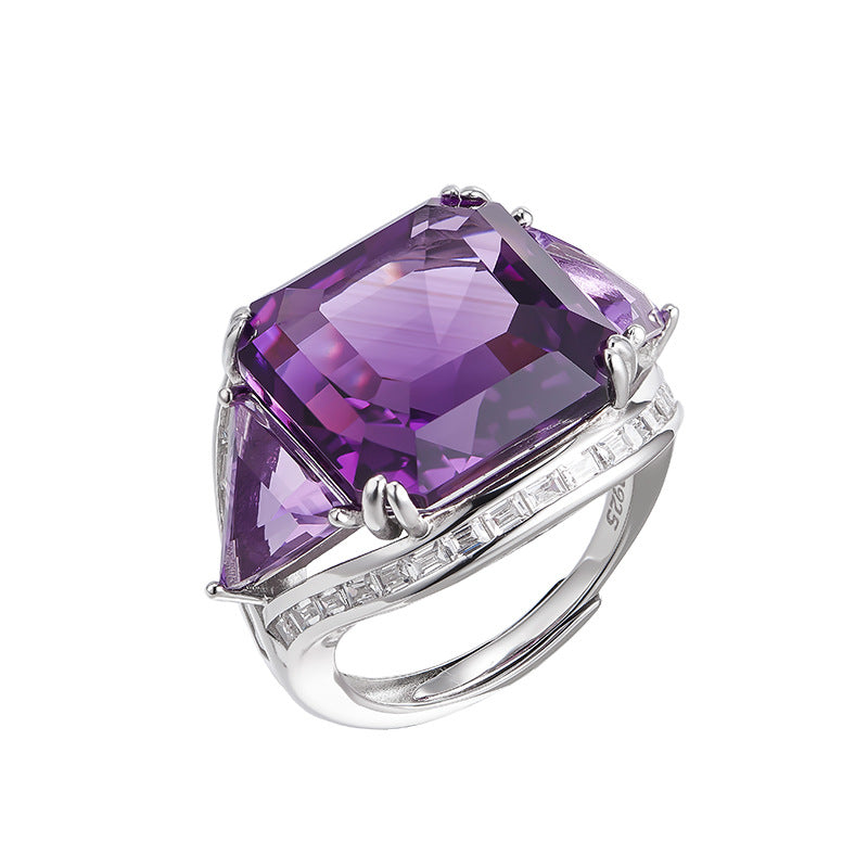 Natural Amethyst Geometric Ring - 925 Silver Flash Diamond - Statement Index Finger Ring