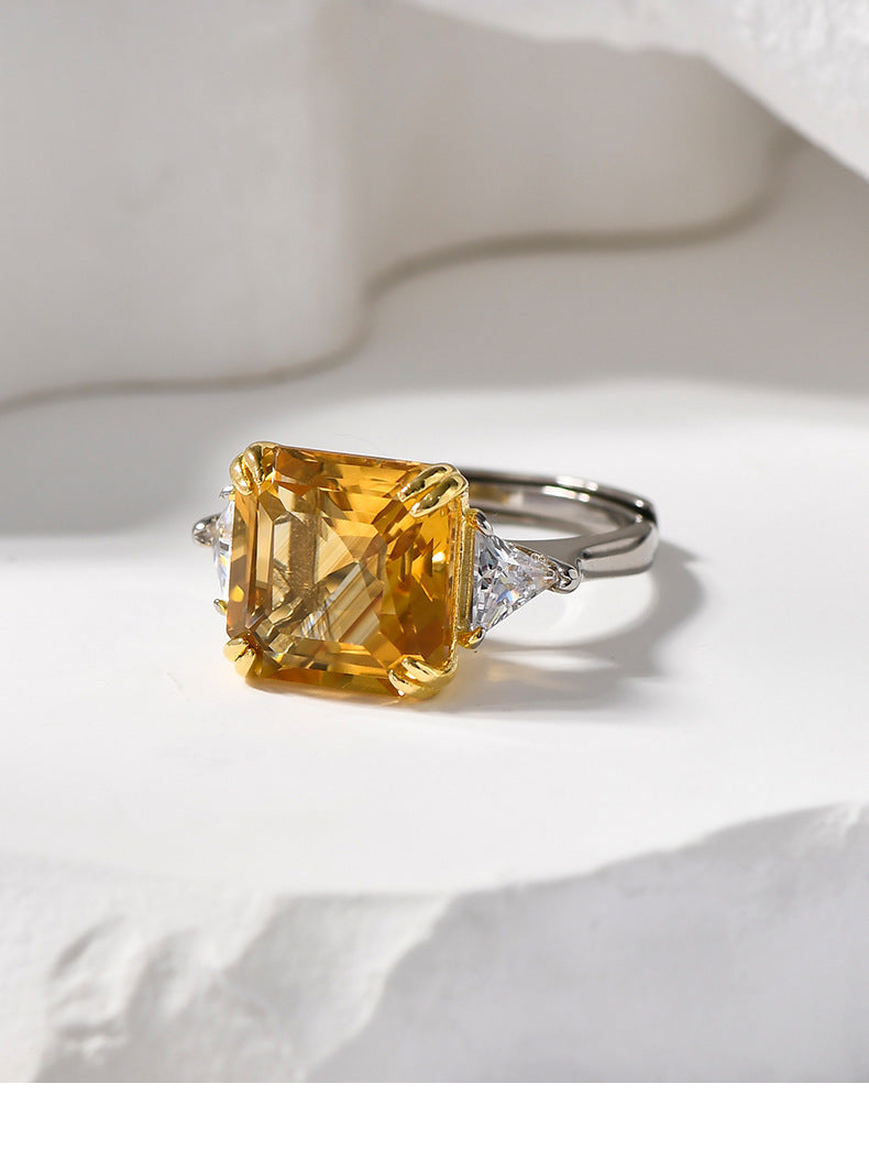 Sugar Cube Citrine Ring - 925 Silver Cut Diamond - Light Luxury Opening Ring