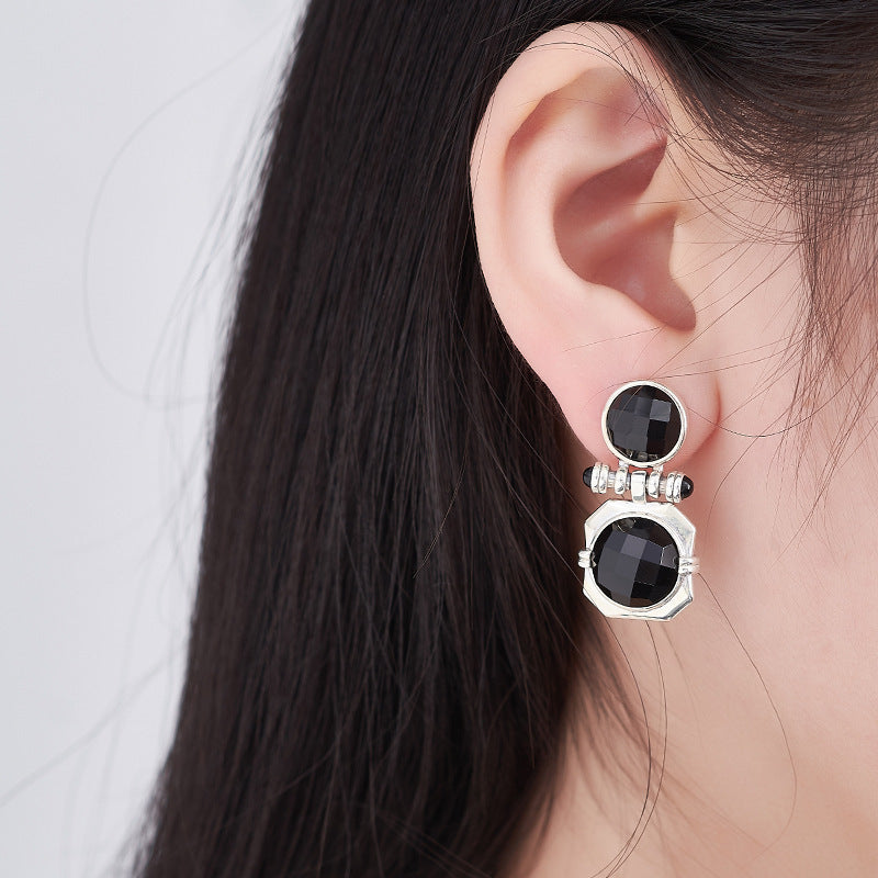 Faceted Onyx Stud Earrings - Solid 925 Silver Setting