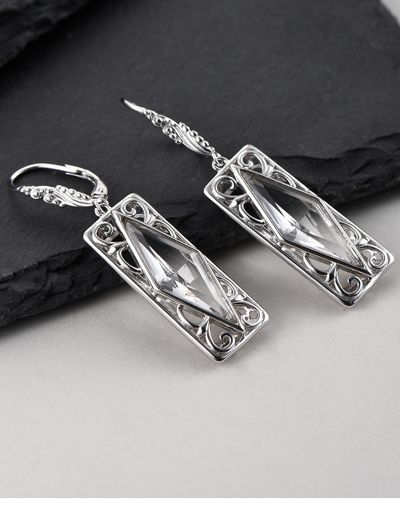 925 Sterling Silver Diamond-Shaped White Crystal Earrings - Court Style