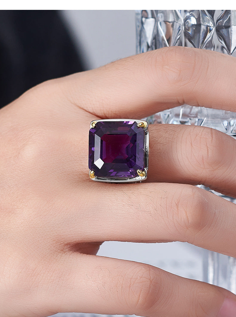 Square Citrine Ring - 925 Silver Italian Contrasting Color - Geometric Opening Ring